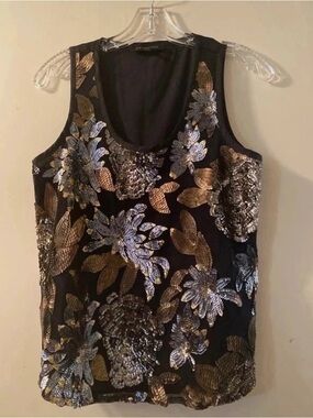 MM Couture Black Tank with Gold & Silver Sequin Floral